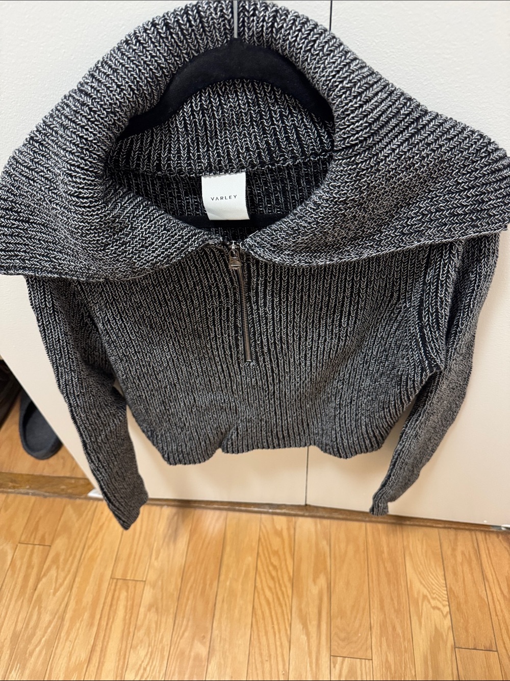 Varley Black & White Marled Funnel Zip Sweater